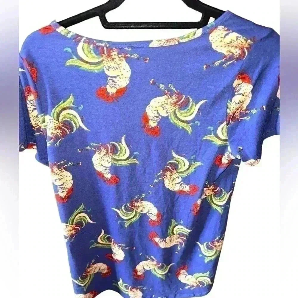 Lularoe small blue Classic T with roosters! NWOT. Red& green accent colors. - Picture 2 of 6
